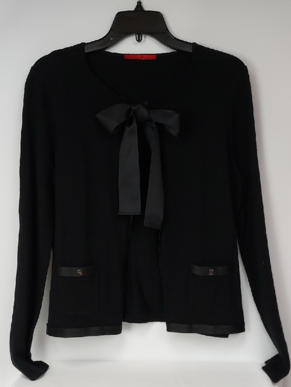 Carolina Herrera Black Knit Open Front Cardigan with Bow